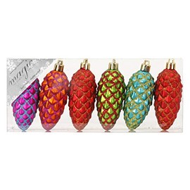 MAGIC Mille-Fiori 6 Plastic Pine Cones 9 cm Plastic Shatterproof Christmas Tree Baubles Decoration Set (Colourful)
