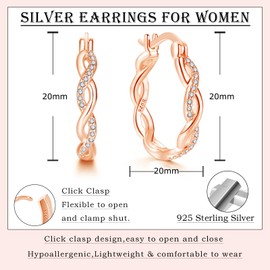Loutade 925 Sterling Silver Twisted Hoop Earrings for Women, Hypoallergenic Rose Gold Huggie Hoops Earrings with Cubic Zircon, 20mm Lightweight Dainty Infinity Silver Earrings Trendy Jewelry Gifts