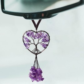 DUQGUHO Purple Car Accessories Amethyst Crystal Rearview Mirror Hanging Accessories Crystal Car Hanging Ornament Heart Shape Hippie Boho Car Accessories Spiritual Decorations for Women