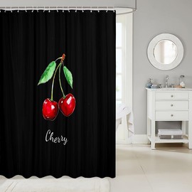 Cherry Shower Curtains,Tropical Fruit Bathroom Curtains for Kids Teens Adult,Solid Black Background Waterproof Bath Curtains,with 12 Hooks Suits for Bathtub, 72" W x 84" L,Concise Vintage