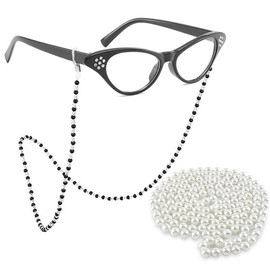 HIYMDOIT Old Lady Costume for Women Rhinestone Cat Eye Glasses Sunglass Chain Beaded Faux Pearl Necklace Costume accessories for Party (Black)