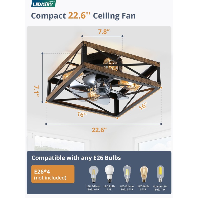 LEDIARY Caged Low Profile Ceiling Fans with Lights and Remote,
