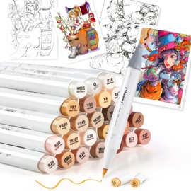 Ohuhu Honolulu B Series Marker Pen, Brush Type, 25 Pens in 24 Colors, Professional Use, Illustration, Brush, Fine Point, Skin Color, Alcohol Marker, Blender Pen Included