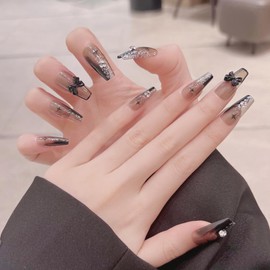 CATKIN Press On Nail Fasle Nail with design 24pcs Full Cover Reusable Acrylic Nails Artificial Nails for Women girls Long Square Decoration Fake Nails Black Princess