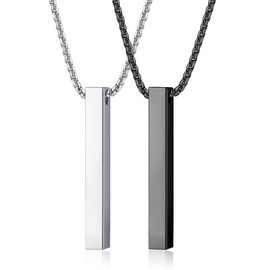 SAILIMUE 2Pcs Stainless Steel Bar Pendant Necklace for Men Women Couples Necklaces Cuboid Silver/Black CZ Bar Pendant with 22 Inches Chain Necklace Unisex