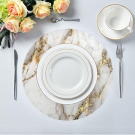 DUOBU White Gold Marble Texture Round Placemats 15 inch Non-Slip placemats Set of 6 Washable Heat-Resistant Table Mats for Dining Table Kitchen Party Decoration