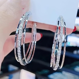 [Elegant Rhinestone 925 Silver Earrings] 925 Silver Pin Elegant Rhinestone Set Multi-Layered Hoop Earrings Sparkle Fashion Women's Jewelry, Suitable For Daily Wear And Gifts:_„Äêsilvery„Äë