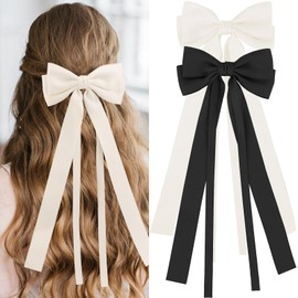 Tihebax 2pcs Hair Bows for Women Silky Satin Coquette Bows Long Hair Ribbons for Women Lazos Coquette Moños Coquette Lazos Para el Cabello de Mujer Black and Beige