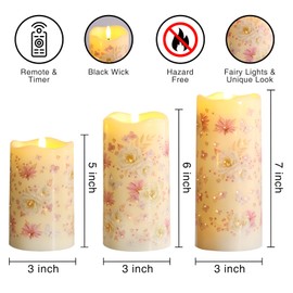 Eywamage Fiber Optic Flameless LED Pillar Candles with Remote, Floral Candles Battery Operated Flickering Set of 3, Christmas Gifts