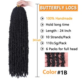 ZRQ 24 Inch Butterfly Locs Crochet Hair,6 Packs Distressed Locs Crochet Braids Pre-looped Synthetic Crochet Soft Locs Goddess Locs Hair Extensions (6 Pack 1B#)
