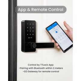 DESLOC B200L Fingerprint Smart Lock with Handle, Keyless Entry Door Locks, App Control, Touchscreen Keypad, 100 PIN Codes, Auto-Lock, 12-Month Battery, Emergency Power Port, IP54 (Black)