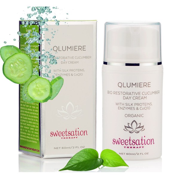 Sweetsation Therapy / YUNASENCE QLUMIERE Bio-Restorative Cucumber Day Cream with Silk Amino Acids, Hyaluronic Acid, Enzymes, Antioxidants, Spirulina Sea Kelp, Caviar, CoQ10, 2oz. Hydrating Soothing Protecting.