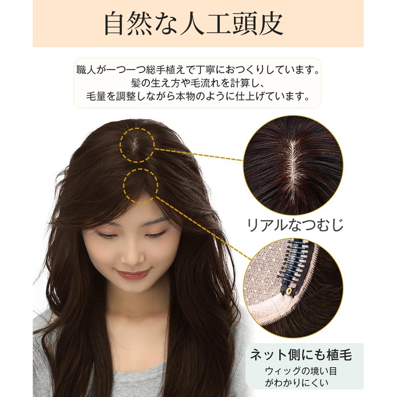 HIYE 部分ウィッグ 100%人毛 トップカバー 総手植え 肌色ネット 人工皮膚付け 抜け毛 増量用ヘアピース つむじカバー