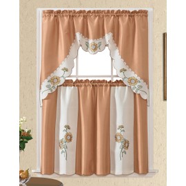 GOHD Very Sunflower. 3PCS Kitchen Cafe Curtain Set Swag Valance and Tier Set. Nice Matching Color Sunflower Embroidery. (Bronze)