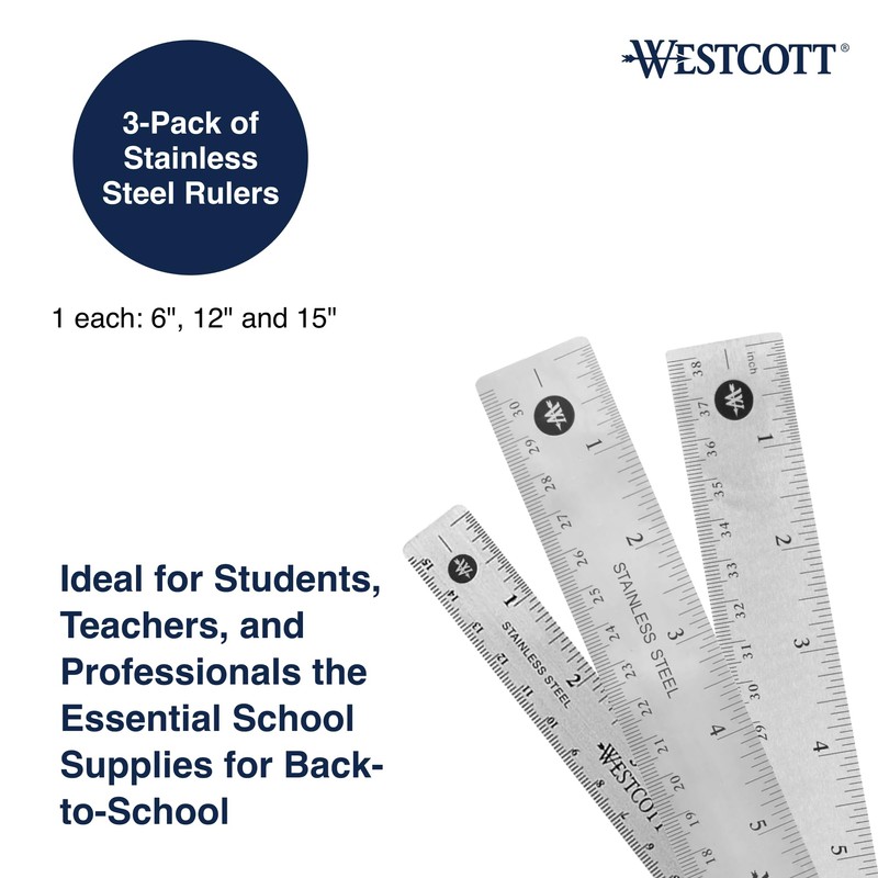Westcott 10414 Stainless Steel Metal Ruler with Non-Slip Cork Base,