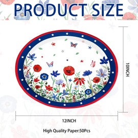 Grencian 50 Pcs 4th of July Flower Oval Paper Plates 10" × 12" Heavy Duty American Flag Plates Disposable Patriotic Platters for Independence Day Memorial Day Veterans Day Party Supplies Decor