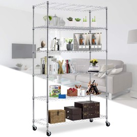 Wire Shelving Unit 6-Tier Height Adjustable Heavy Duty Metal Shelf with Wheels Utility Steel Commercial Grade Storage Shelves for Kitchen Garage Office, NSF-Certified (48"x18"x82", Chrome)