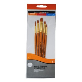 Daler-Rowney Simply Acrylic Brush, Gold Taklon Synthetic Hair, Short Handle, Round, Filbert, Flat Shader and Liner, , Polybag Set, 5 Assorted Brushes