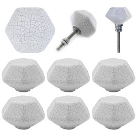 ETHNICITI Pack of 6 Hexagonal White Crackle 40mm Ceramic Door Knobs Vintage Shabby Chic, Wardrobe Cabinet Cupboard Drawer Interior Furniture Pulls Handles Bedroom Dresser Lounge Kitchen