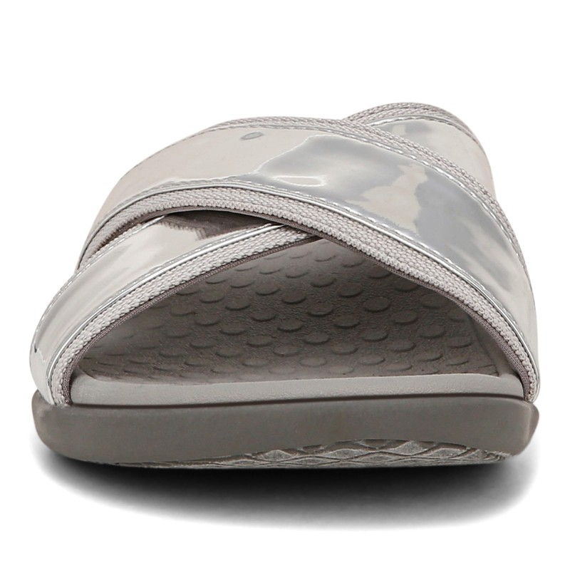 Vionic Merced Womens Cross Strap Slide Orthotic Sanda Silver -