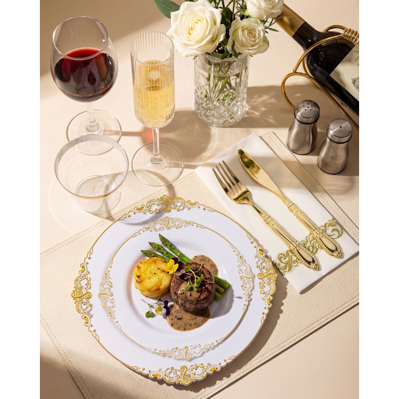 Morejoy 350PCS White and Gold Plastic Plates - Gold Plastic