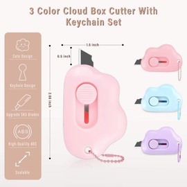 Muclip Cloud Shaped Retractable Box Cutter Set - 6 Pack with Key Rings,Stainless Steel Blade,Safe & Portable Letter Opener for Envelopes,Package,Mail,DIY,Paper Cutter for Home,Office,Outdoor (3 Color)