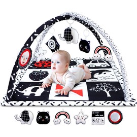 Black and White Baby Gym Play Mat with 6 Toys Tummy Time Activity Mat for Babies 0-6 6-12 Months High Contrast Baby Gyms & Playmats Sensory Toys Newborn Brain Development Infant Play Mat