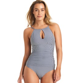 ELLEN TRACY One Piece Swimsuit, Bathing Suit for Women, High Neck Swimsuit with Keyhole Cutout, Pull On Closure, Over-The-Shoulder Straps, Slimming One Piece Swimsuit for Women, Navy/White Seersucker