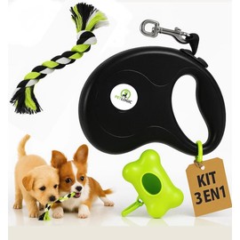 Correa retráctil para Perros pequeños y medianos, Kit 3 en 1 con dispensador de Bolsas para excrementos y Juguete de Cuerda, Correa para Paseos controlados.