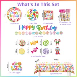 170 Pcs Candy Land Birthday Party Decorations Tableware Set, Candyland Birthday Decorations Include Banner, Plates and Tablecloth Etc, Candyland Decorations for Sweet Birthday Party Serves 25 Guests