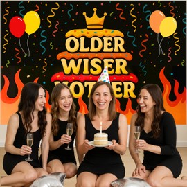 Older Wiser Hotter Birthday Backdrop – Large Funny Banner for Adult Birthday Party – Bold Wall Decoration for Home, Office, or Restaurant 7x5FT