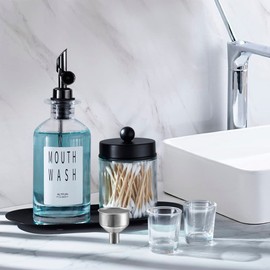 Glass Refillable Bottle Mouthwash Dispenser for Bathroom with Cups,Glass Mouthwash Dispenser with S/S Tray Funnel,11.8oz Style Mouthwash Container Bottle with Qtip Holder (Black)