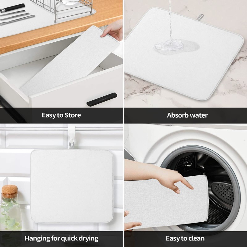 Solid White Dish Drying Mat for Kitchen Counter, Microfiber Rack