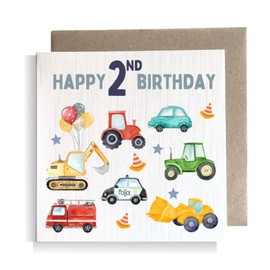 Second Ave 2nd Birthday Age 2 Children's Kids Baby Tractor Car Square Card For Boy or Girl Birthday