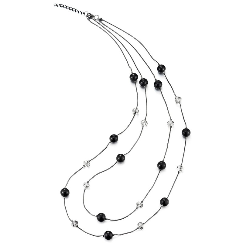 COOLSTEELANDBEYOND Black Statement Necklace Two-Strand Long Chains with Transparent Crystal