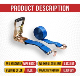 Mytee Products (4 Pack) 2 Inch x 15 FT Blue Ratchet Strap with J Hooks - 10,000 Lbs Breaking Strength - Heavy Duty Tie Down Cargo Truck Straps with Wire Hooks for Flatbed, Truck, Trailers Pickup