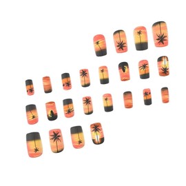 Coconut Tree Press on Nails Medium Square Fake Nails with Beach Sunset Design Ombre Red Glue on Nails Full Cover Summer False Nails Reusable Afterlight Stick on Nails for Women Girls Manicure 24Pcs