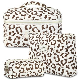 AMZMA 3Pcs Quilted Makeup Bag for Women, Large Travel Makeup Bag Set, Cute Aesthetic Cosmetic Bags, Floral Cotton Makeup Pouch Coquette Toiletry Organizer Bag