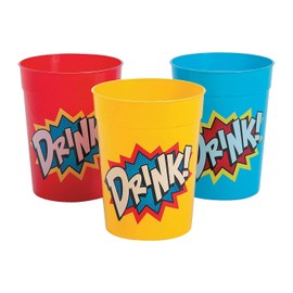 Fun Express Set of 12 Superhero Plastic Tumblers, Holds 10 oz, BPA Free Plastic, Birthday Party Supplies, Multi-Color