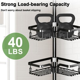 Clothink Corner Shower Caddy Tension Pole, 4-Tier Rustproof Bathroom Organizer Storage for Inside Shower Bathtub Shampoo,39 to 113 Inch Adjustable Floor Standing Shelves Black