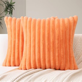 JOTOM Set of 2 Double-Sided Faux Fur Plush Cushion Covers 45x45 cm Soft Striped Decorative Throw Pillow Covers Square Cushion Case Home Decor Pillow Cases for Couch Sofa Bed 18x18 Inch (Orange)