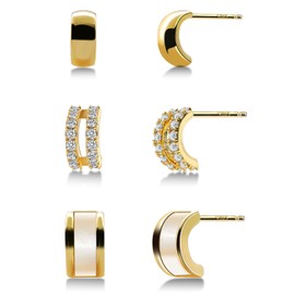 Eslinila 3 Pairs 14K Gold Plated Stud Earrings, Hypoallergenic S925 Sterling Silver Post Multiple Piercing Curved Earrings for Women Gifts, Alloy