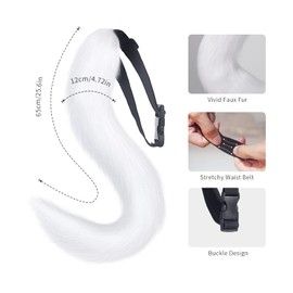 Tail and Ears Set, Long Fox Tail Cosplay Faux Fur Fox Wolf Tail Kit with Ears and Bells Collar for Children Girls Boys Teenagers Women Kids Party (65 cm) (White)