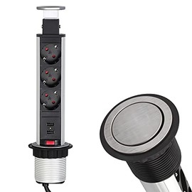 Lumonic LiftBox 3 x Schuko Sockets + 2 x USB 2.4 A Table Sockets Stainless Steel I 3 Sockets with 230 V in Tower Max. 3600 W I With Drill Hole Size 107 mm Idea