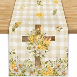 Linen He Is Risen Easter Table Runner Buffalo Plaid Religious Cross Table Runner Easter Season Decorative Holiday Spring Daffodil Flower Table Runner 13x72 Inch