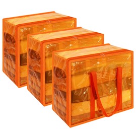 Vieshful Orange 40L Clear Clothes Storage Bag Colorful Clothes Organizer with Zipper Vinyl Storage Bag for Comforter, Blanket, Bedding, Duvet, Transparent Moving Totes 3 Pack