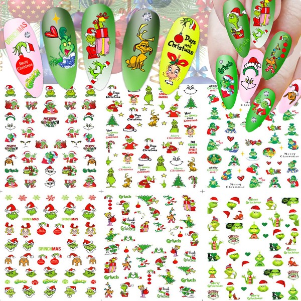 6 Sheets Christmas Nail Art Stickers, 3D Christmas Nail Decals, Funny Cartoon Design Holiday Self-Adhesive Christmas Nail Decoration Accessories for Women Girls Kids