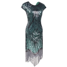 Letter Love Women 1920s Vintage Flapper Fringe Beaded Gatsby Party Dress With 20s Accessories Set (XL, Black Green)