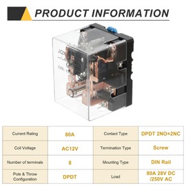 PATIKIL AC12V 80A Electromagnetic Relay, High Power Relay DPDT 2NO 2NC 8 Terminals Din Rail Mounting