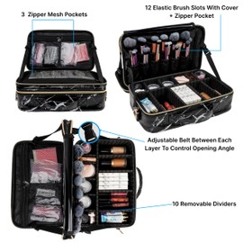 Carrywell |Not Made In China| Makeup Train Case W/Shoulder Strap, Cosmetic Travel Organizer For Professional, Portable Storage Bag W/Adjustable Dividers, Luggage Sleeve (1, Marble, Large)